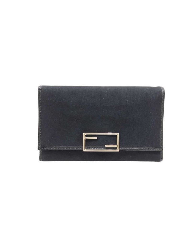 Fendi Wallet Black Canvas Leather Trifold Silver